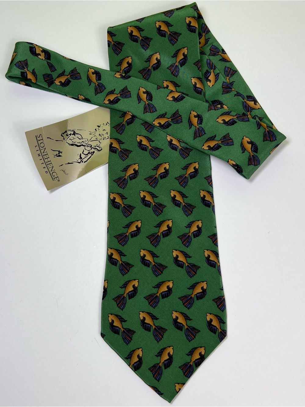 J. Garcia Vintage Mens 100% Silk Tie Made In USA Stonehenge Green Fish Necktie